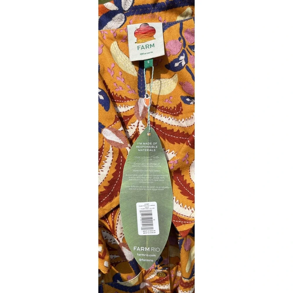 Farm Rio Shirt Dress Womens Small Yellow‎ Palms Party Midi Ruffle Belted Floral